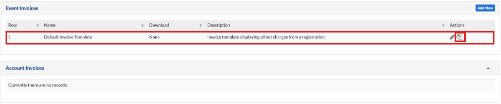 Event Invoices list with the Default Invoice Template and its copy icon