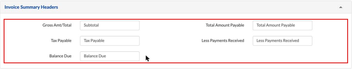 Invoice Summary Headers with Subtotal, Tax Payable, Balance Due, Total Amount Payable and Less Payments Received labels