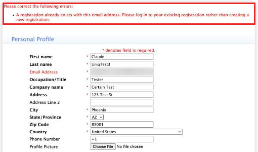 Registration form showing the A registration already exists error