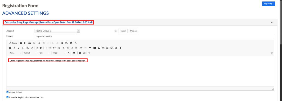 Form Advanced Settings with the entry page messages