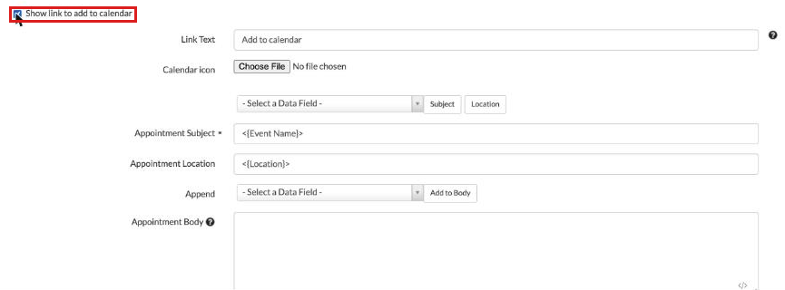 Form Confirm page with Show link to add to calendar checked, showing Link Text, Calendar icon, Appointment Subject (Event Name), Appointment Location, Append and Appointment Body