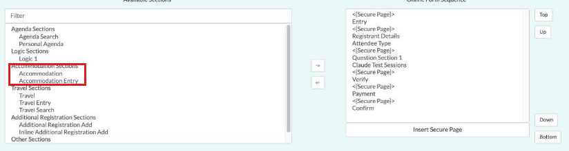 Form Setup Page Layout, Available Sections list showing Accommodation and Accommodation Entry under Accommodation Sections