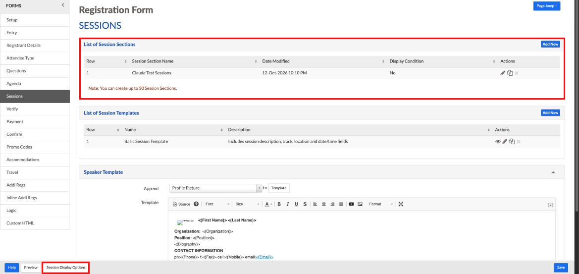 Form Sessions page listing the session sections, with the Session Display Options button in the bottom button bar