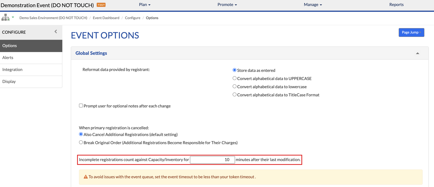 Event Options, Global Settings with Incomplete registrations count against Capacity/Inventory for 10 minutes after their last modification highlighted