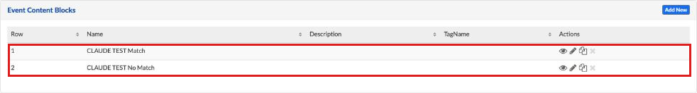 Event Content Blocks list with two test content blocks
