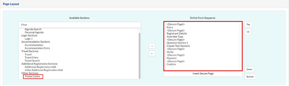 Page Layout with Promo Codes still in Available Sections and missing from the Online Form Sequence