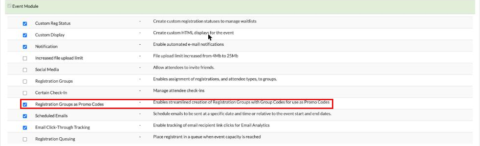 Options page with Registration Groups as Promo Codes checked under Event Module