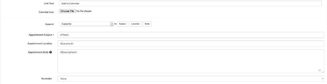 Session Display Options, Add to Calendar settings with Link Text, Calendar icon, Append, Appointment Subject, Appointment Location, Appointment Body and Reminder