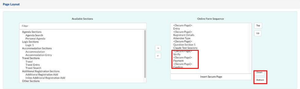 Form Setup Page Layout with the Online Form Sequence ending Verify, Payment, Confirm, each under a Secure Page line, and the Down and Bottom buttons