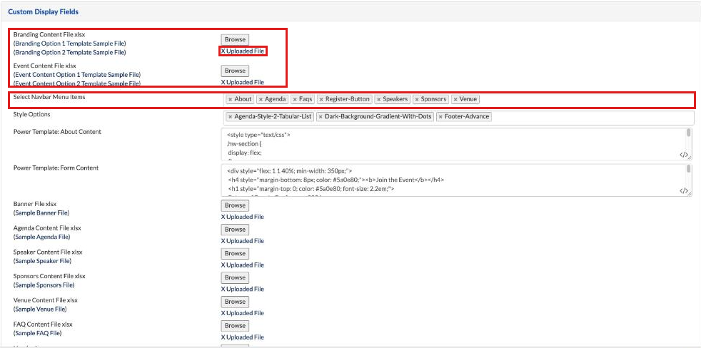 Display Fields page with the Power Template Branding and Event Content File fields, their sample file links, Browse buttons, the X and Uploaded File links, and Select Navbar Menu Items