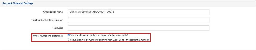 Account Financial Settings with the Invoice Numbering preference options