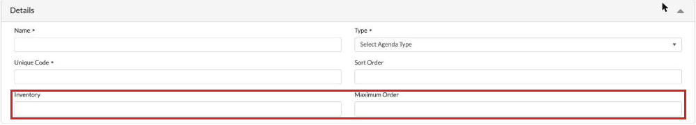 Merchandise agenda item Details with the Inventory and Maximum Order fields