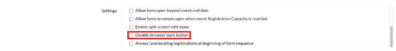 Form Setup Settings list with the Disable browser back button option