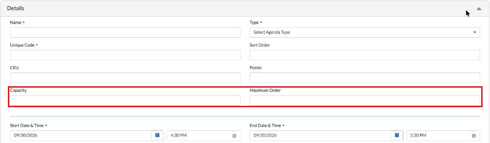 Scheduled agenda item Details with the Capacity and Maximum Order fields